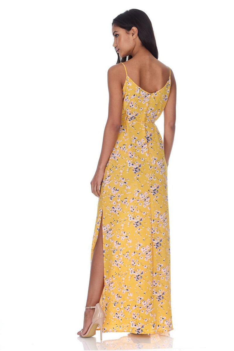Yellow Floral Print Thigh Split Maxi Dress