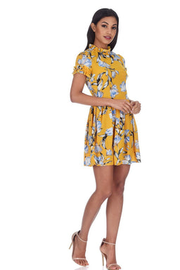 Yellow Floral Print Frill Detail Mini Dress