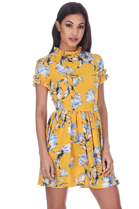 Yellow Floral Print Frill Detail Mini Dress