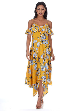 Yellow Floral Print Asymmetric Hem Dress