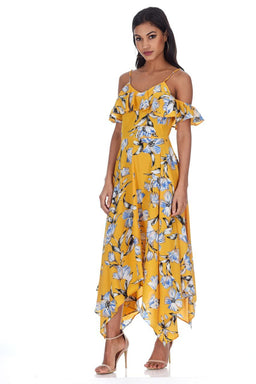 Yellow Floral Print Asymmetric Hem Dress