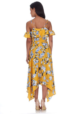 Yellow Floral Print Asymmetric Hem Dress